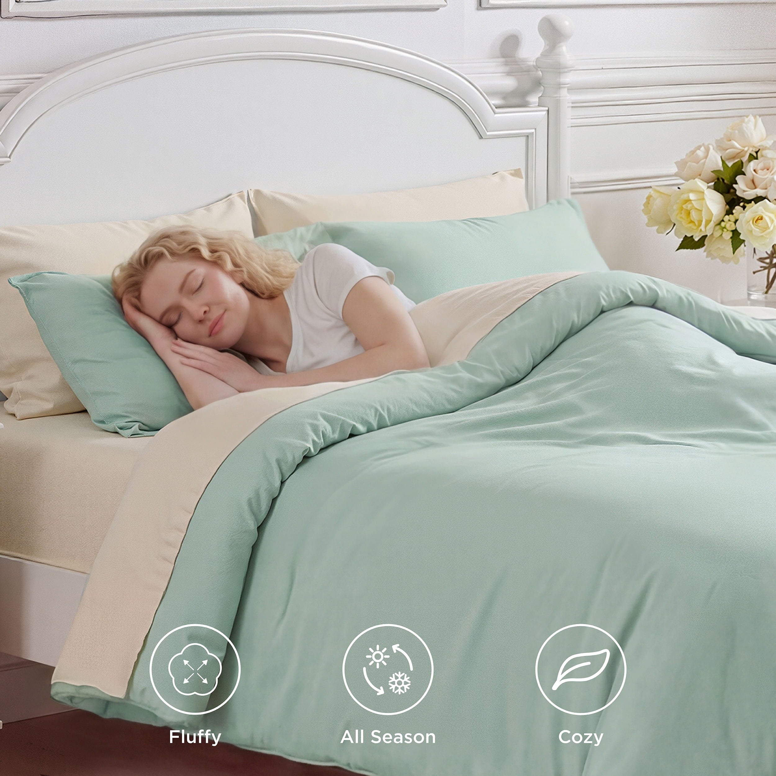 Fluffy Down Alternative Queen Comforter Set Sage Green, 7 Pieces Lightweight Queen Bedding Sets, Contrasting Design - Hypoallergenic Ultra-Fluffy Quilt for Winter Detail