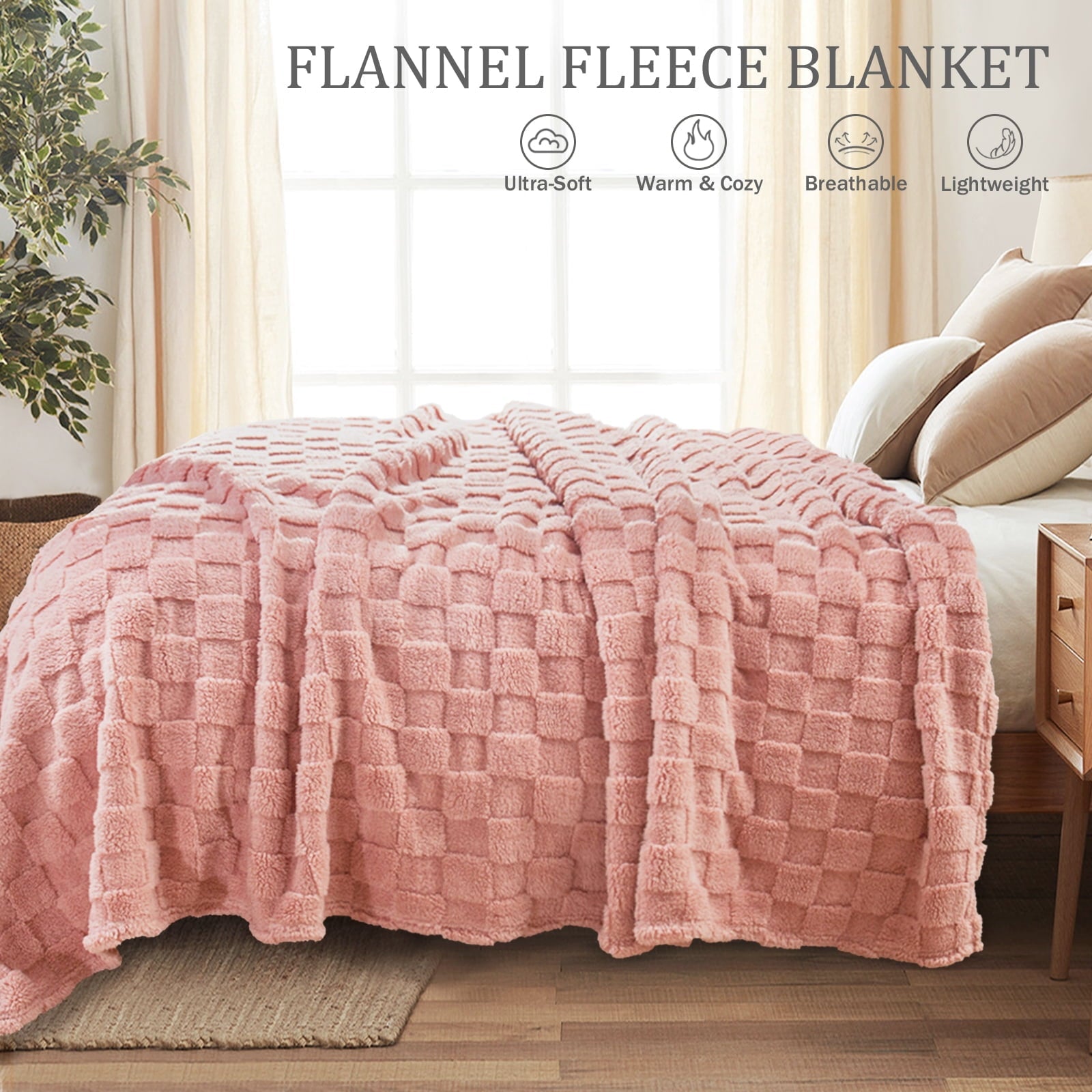 Decorative Knitted Fleece Throw Blanket for Couch, Super Soft Warm Lightweight Checkered Pattern Blanket for All Seasons, Pink, 50"x60" - Super Soft Reversible Sherpa Flannel Blanket Detail