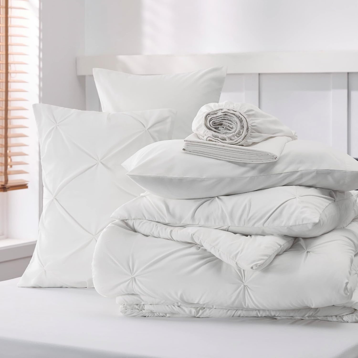 All-Season White Queen Comforter Set- 7 Pieces Pintuck Bedding Set with Comforters, Sheets, Pillowcases & Shams - Hypoallergenic Ultra-Fluffy Quilt for Winter Detail