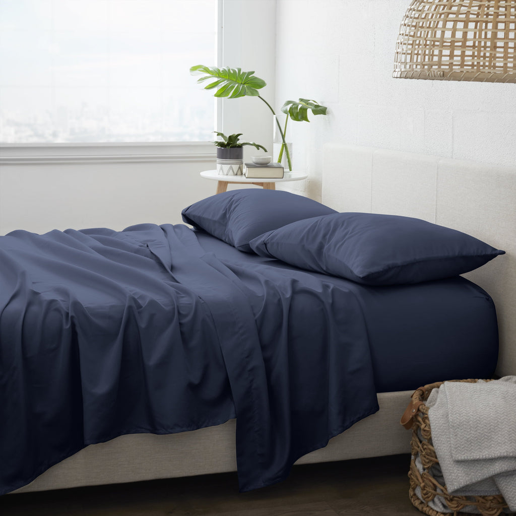 Premium Egyptian Cotton 4 Piece Solid Microfiber Bed Sheet Set, Navy, Queen - Breathable Egyptian Cotton Flat & Fitted Sheets Detail