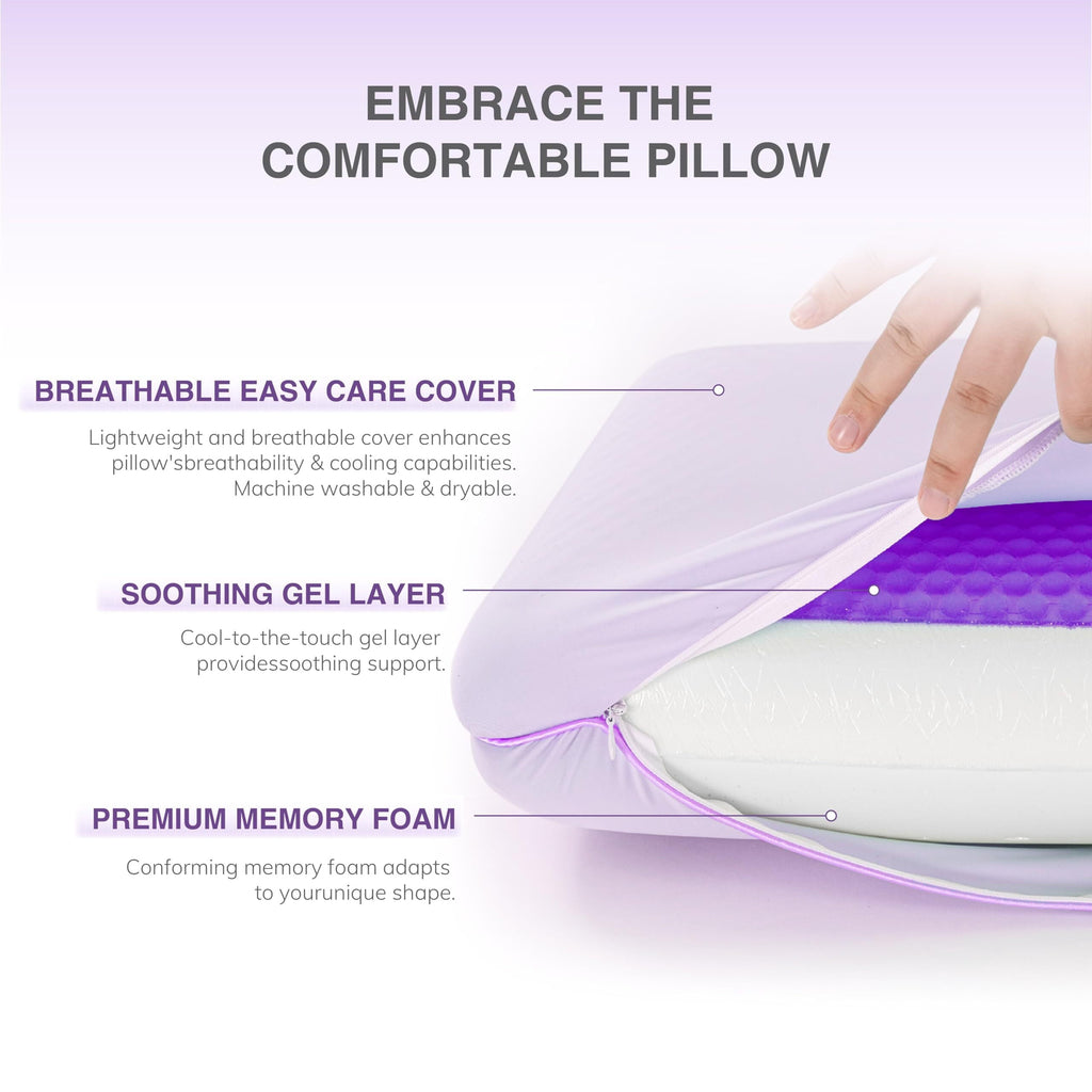 Fluffy Shredded Memory Foam Pillow, Cooling Gel Bed Pillow, Queen, Purple - Ergonomic Memory Foam Pillow for Neck Pain Support Detail
