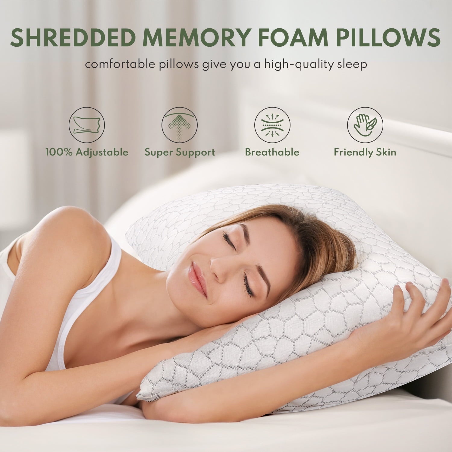 Decorative Plump Queen Size Bed Pillows 4-Pack,3.3lb Shredded Memory Foam Filled,Hyper Soft & 3D Breathable Cooling Desigh Cover Fitti... - Ergonomic Memory Foam Pillow for Neck Pain Support Detail