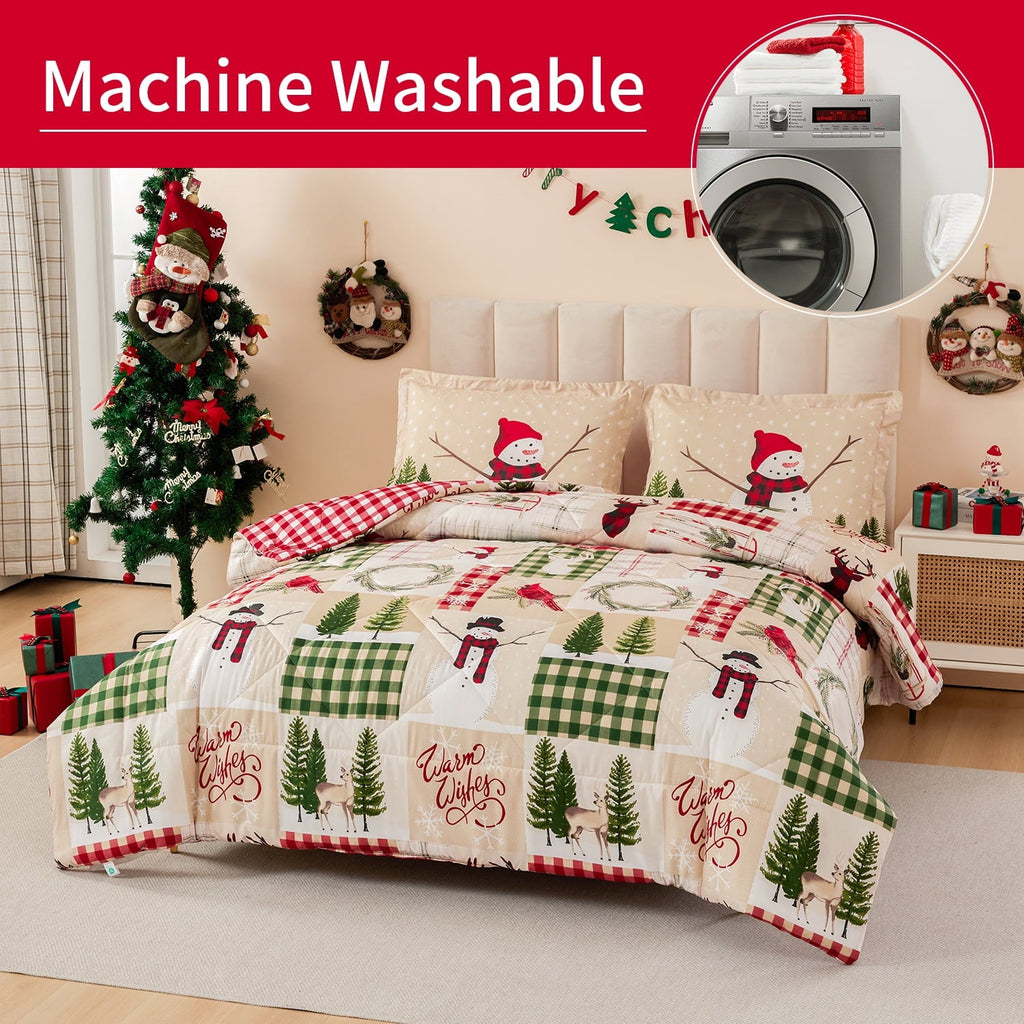 All-Season 3 Pcs Christmas Comforter Set, Bed in a Bag Wreath Snowman Queen/Full Size Xmas Bedding Set Fitted Pillowcases for Adult - Hypoallergenic Ultra-Fluffy Quilt for Winter Detail