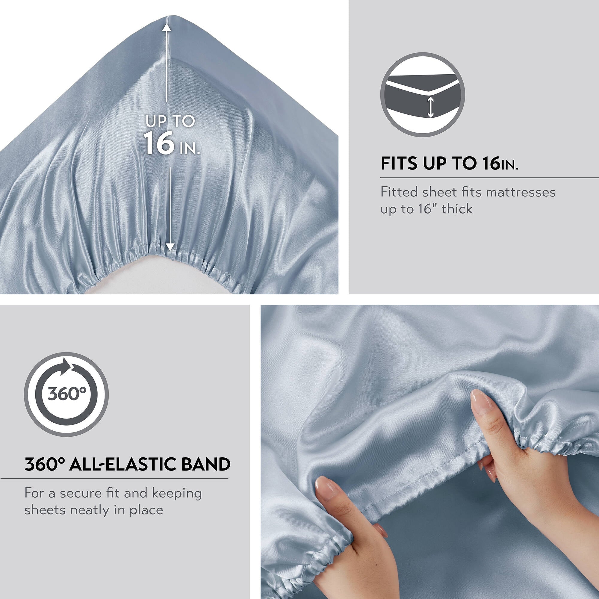Premium Egyptian Cotton Satin Sheet Set, Twin Bed Sheets with Pillowcases, 4-Piece Luxury Silky Sheet Set, Blue, Gifts for Women - Cooling Hotel Quality Bedding Sheets and Pillowcases Detail
