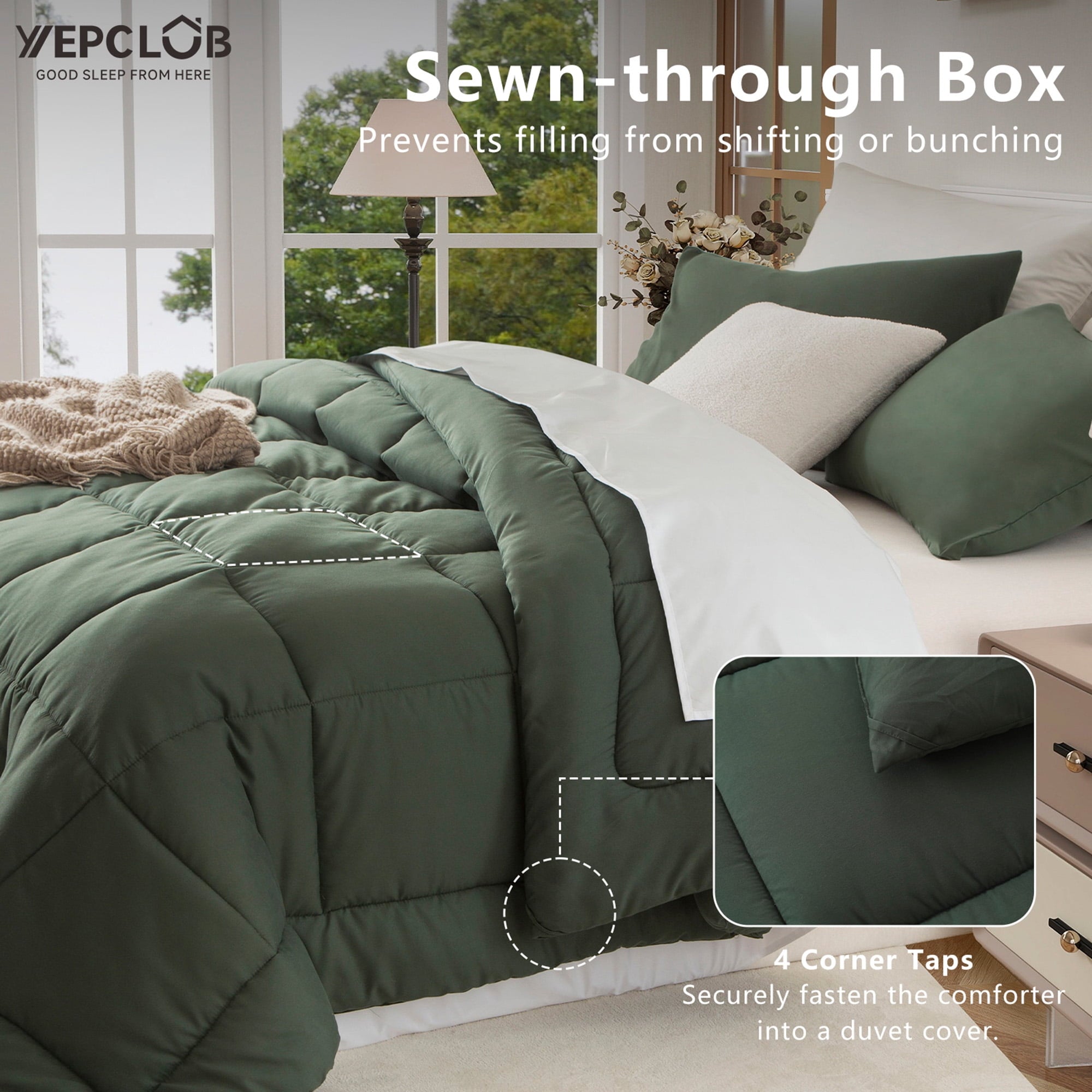 All-Season 3-Piece Twin Size Comforter Set, Green Down Alternative Reversible Bedding Set, All-Season Quilted Soft Comforter wit... - Cloud-Like Soft Lightweight Bed Comforter Detail