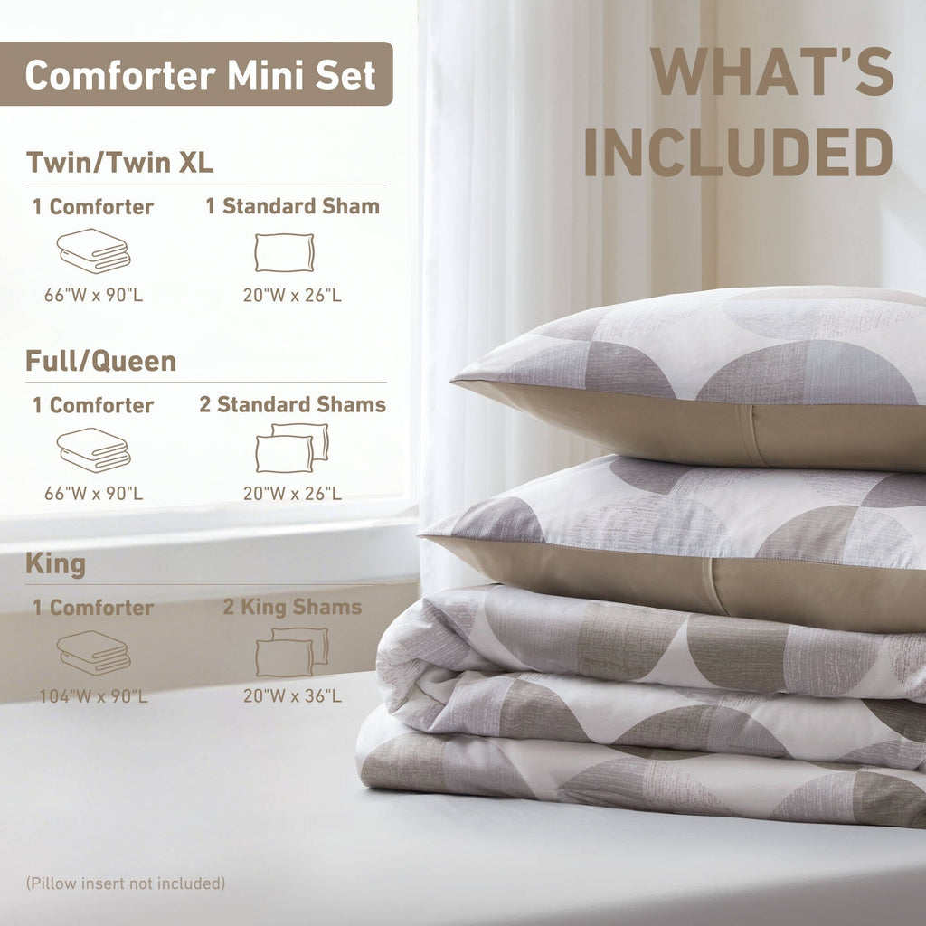 Hypoallergenic Cloud Full/Queen Size Comforter Set, Tan/Gray Bedding Set for All Seasons, 3-Piece Round Geometric Print Bedding Comforter Set - All-Season Down Alternative Comforter Insert Detail