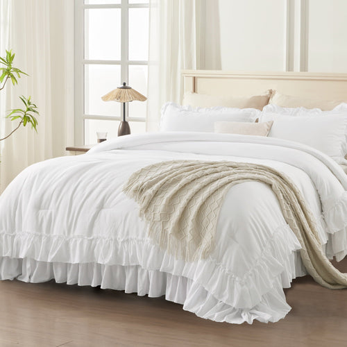 All-Season Queen Comforter Set White - 3 Pieces Soft Fluffy Ruffle Bedding Comforter Sets for Queen Bed, All Season Farmhouse Li... - Cloud-Like Soft Lightweight Bed Comforter - Default Title