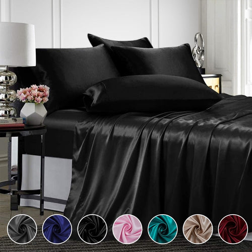 Breathable Luxury Twin Silk Gray Bed Sheet Set Deep Pocket Bed Flat Fitted Sheet, 3-Pieces - Luxury Bed Sheet Set with Deep Pockets - Default Title