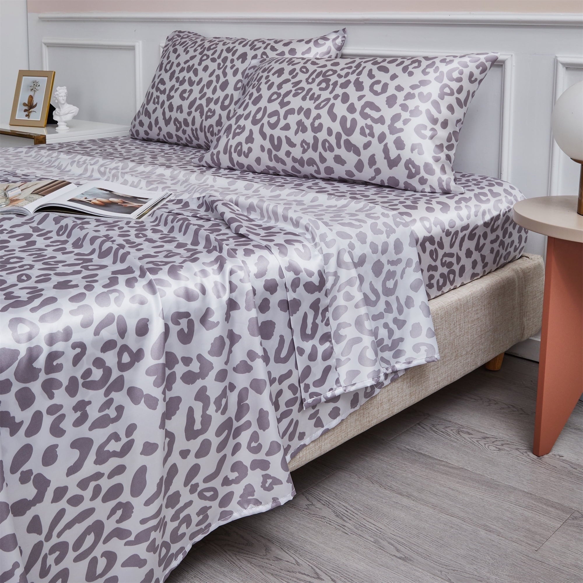 Ultra-Soft Satin Sheets Twin Silk Sheets Silver Leopard Bed Sheet Set Deep Pocket Bed Flat Fitted Sheet, 3-Pieces - Breathable Egyptian Cotton Flat & Fitted Sheets - Default Title