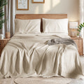 Ultra-Soft Natural Linen Cotton Bed Sheets Set, Deep Pocket - Breathable - Durable - 4 Pieces (Linen, Queen) - Cooling Hotel Quality Bedding Sheets and Pillowcases - Default Title