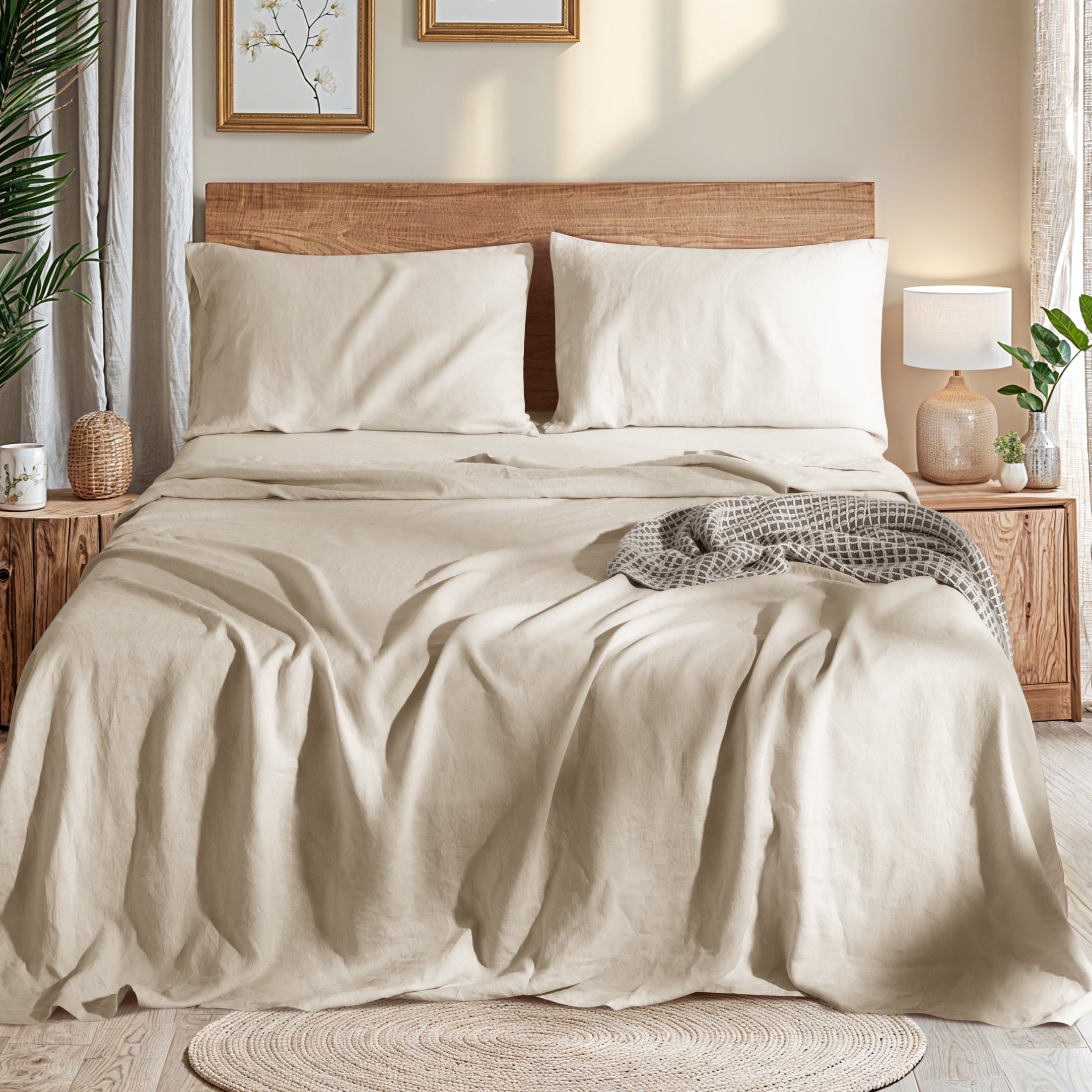 Ultra-Soft Natural Linen Cotton Bed Sheets Set, Deep Pocket - Breathable - Durable - 4 Pieces (Linen, Queen) - Cooling Hotel Quality Bedding Sheets and Pillowcases - Default Title