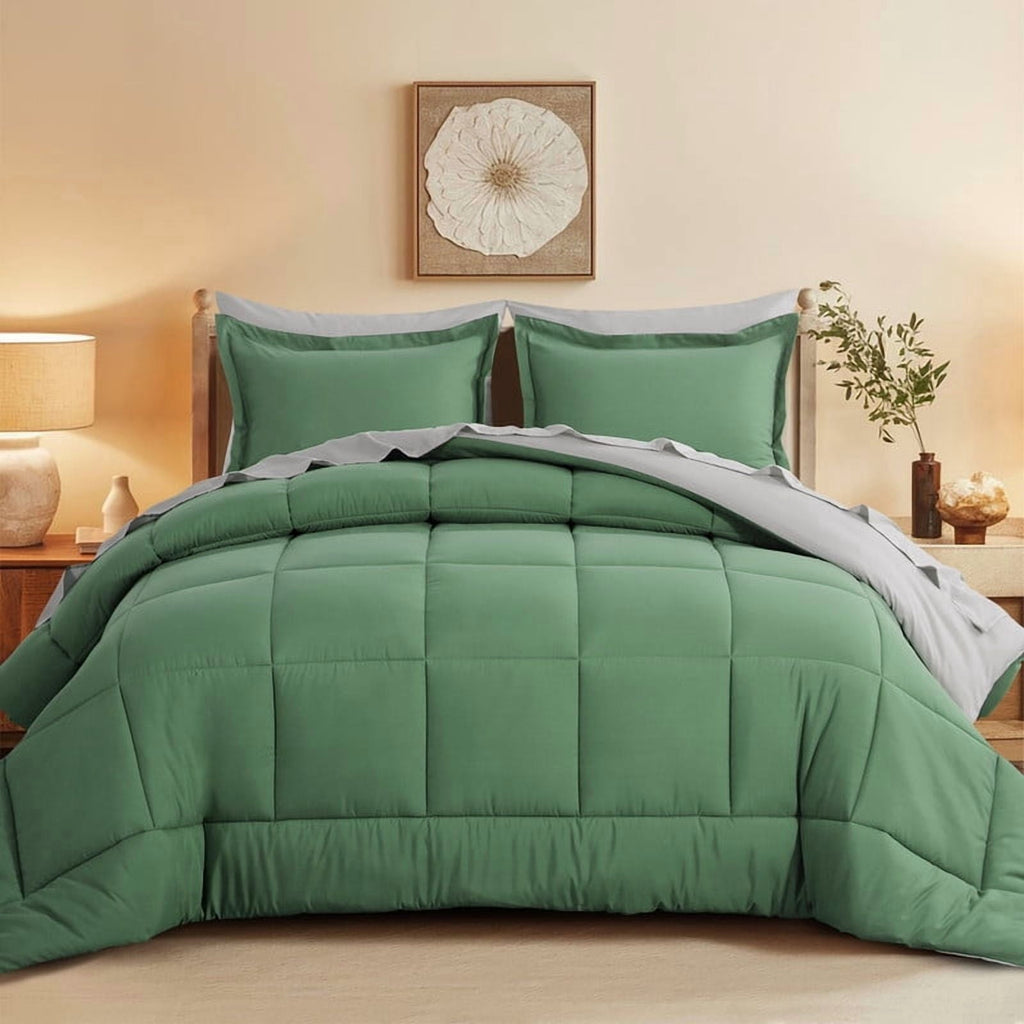 Luxurious Quilted Grass Green/Grey Queen Size Comforter Set,3-Pieces Reversible Comforter Set Soft and Lightweight,All Season Down Alte... - Luxurious Quilted Duvet Cover Set - Default Title