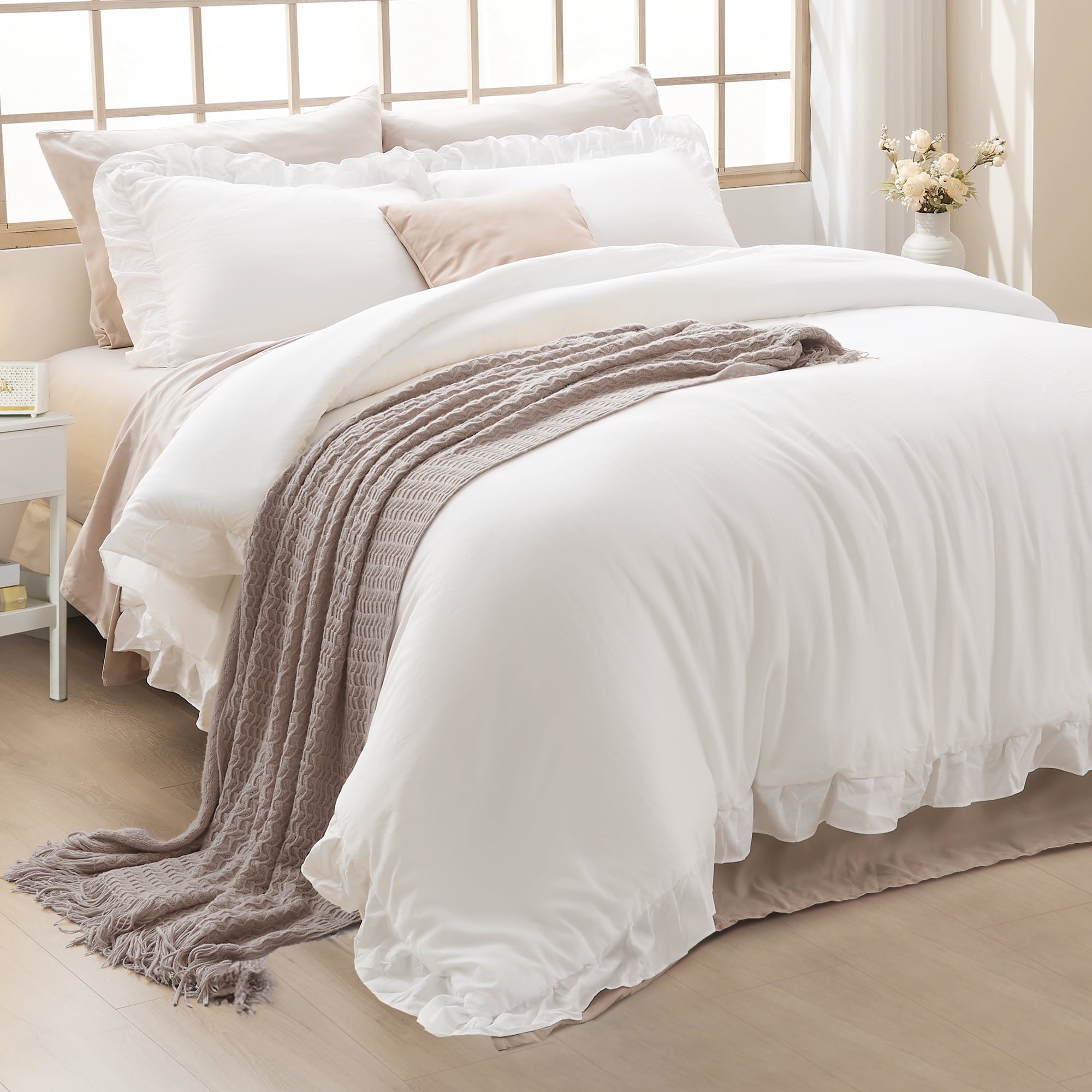 Hypoallergenic Cloud Queen Comforter Set White, 3 Pieces Soft Fluffy Farmhouse Ruffle Bedding Comforter Sets for Queen Bed, All Season Lig... - Hypoallergenic Ultra-Fluffy Quilt for Winter - Default Title