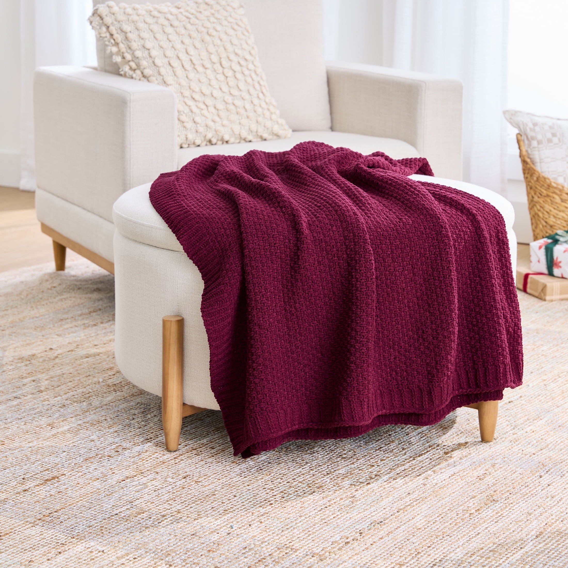 Decorative Knitted Chenille Knit Super Soft Oversized Throw Blanket, Merlot Wine - Lightweight Plush Warm Blanket for All Seasons - Default Title