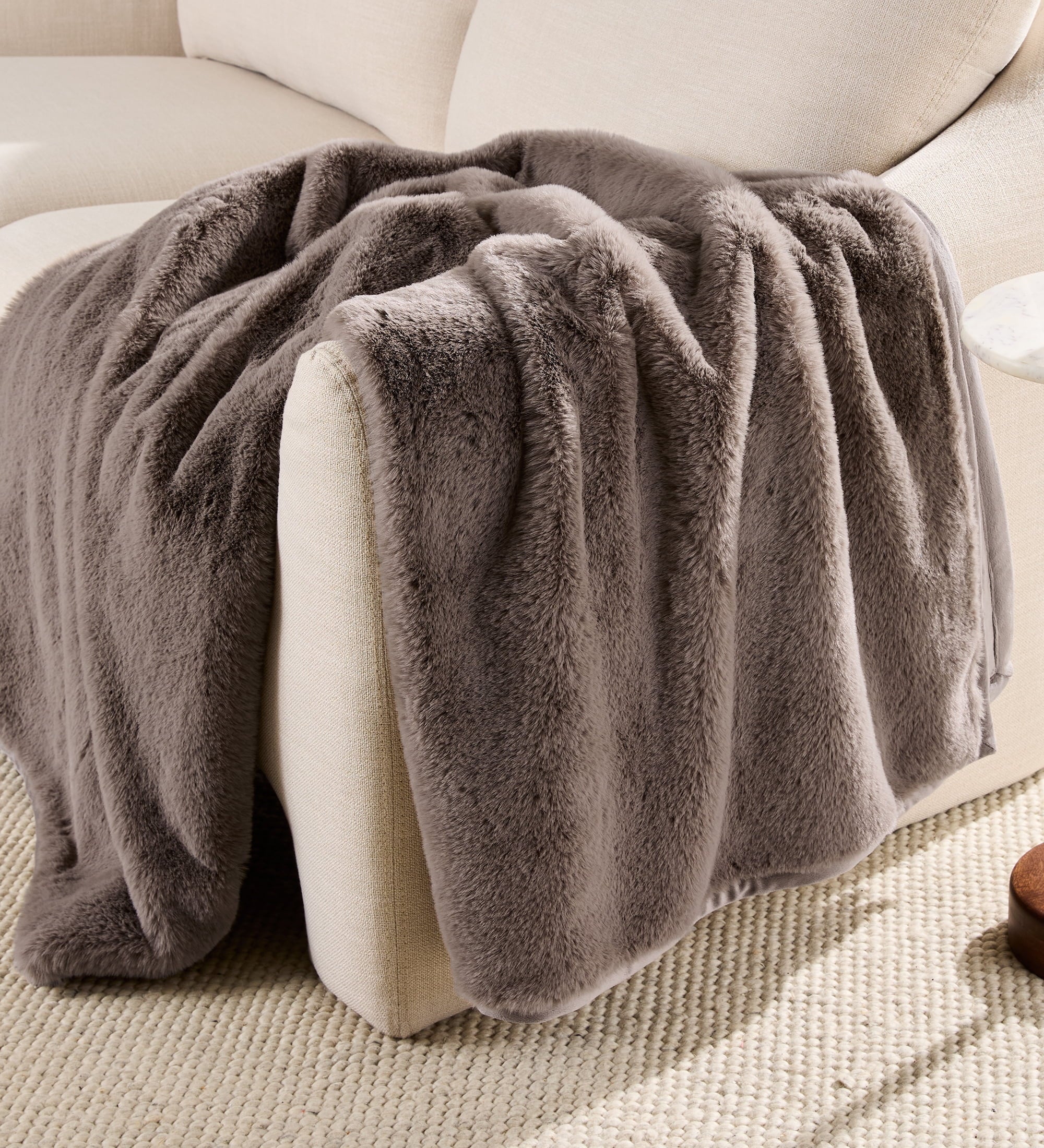 Decorative Knitted Grey Faux Fur Ultra Soft Luxury Oversized Throw Blanket 50" x 72", Grey Bisque - Luxury Knitted Decorative Throw Blanket with Fringes - Default Title