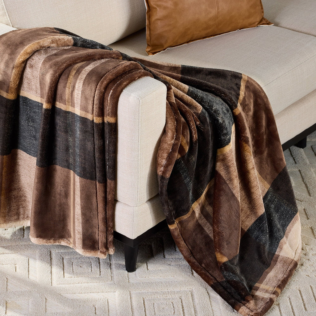 Lightweight Warm Printed Velvet Plush Super Soft Throw Blanket, Oversized, Shelton Brown Plaid - Cozy Fleece Throw Blanket for Couch & Bed - Default Title