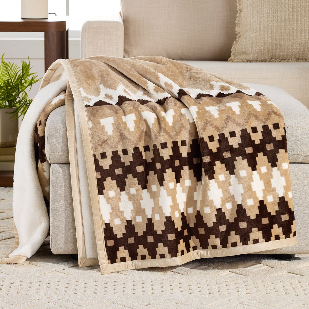 Lightweight Warm Printed Velvet Plush Reverse to Faux Fur Super Soft Throw Blanket, Oversized, Linder Border Beige - Luxury Knitted Decorative Throw Blanket with Fringes - Default Title