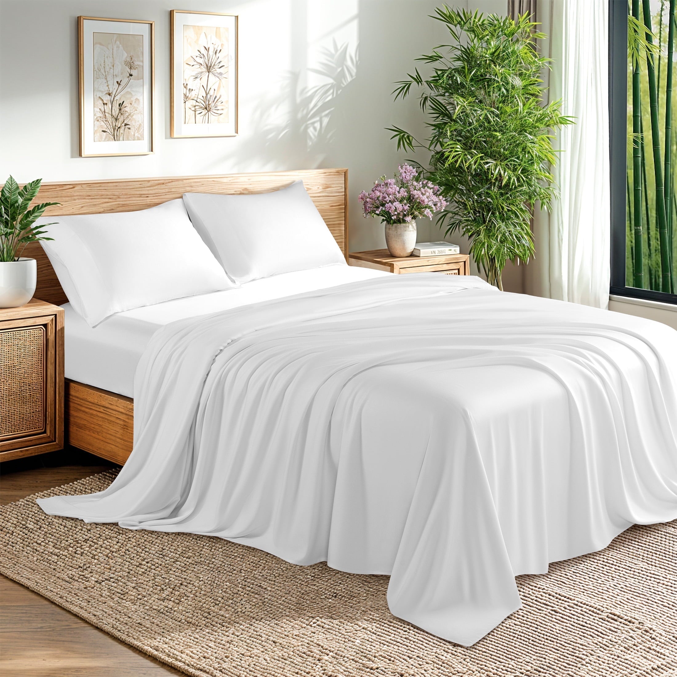 Premium Egyptian Cotton Bamboo Sheets Set, 4-Piece Queen Sheet Set with 16" Deep Pockets, Soft and Breathable Bed Sheets, White - Cooling Hotel Quality Bedding Sheets and Pillowcases - Default Title