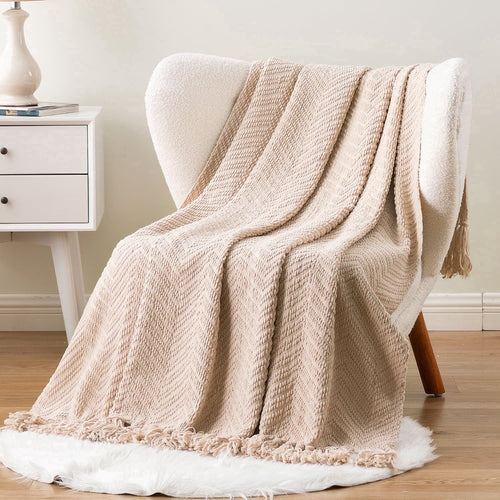 Cozy Fleece Beige Throw Blanket,Textured Knitted Tan Throws with Tassels,Neutral Sofa Bed Throws,50"x60" - Cozy Fleece Throw Blanket for Couch & Bed - Default Title