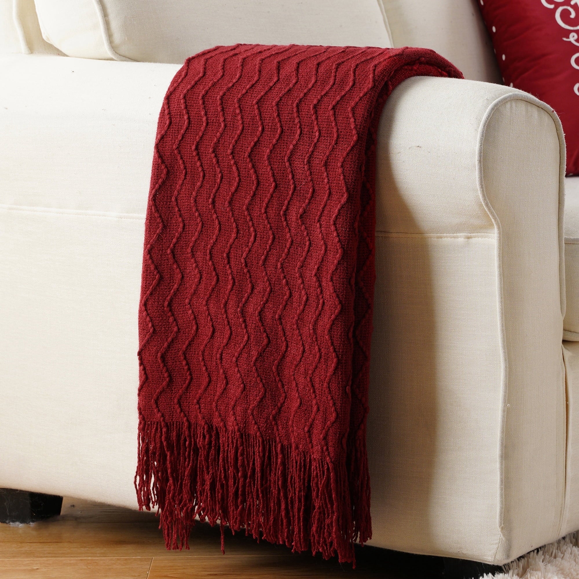Cozy Fleece Dark Red Blanket for Couch,Burgundy Knit Throw Blanket for Bedroom,Christmas Throw,50"x60" - Luxury Knitted Decorative Throw Blanket with Fringes - Default Title