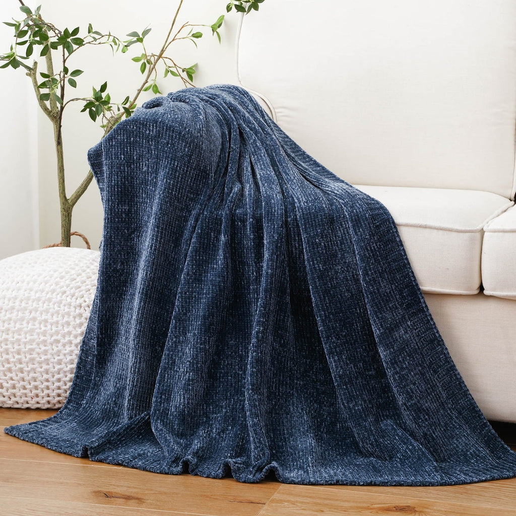 Super Soft Flannel Navy Blue Chenille Throw for Couch Bed,Soft Navy Knit Blanket, Housewarming Gifts, 51"x 67" - Super Soft Reversible Sherpa Flannel Blanket - Default Title