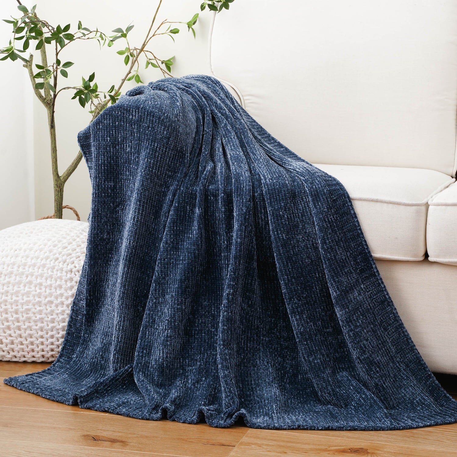 Super Soft Flannel Navy Blue Chenille Throw for Couch Bed,Soft Navy Knit Blanket, Housewarming Gifts, 51"x 67" - Super Soft Reversible Sherpa Flannel Blanket - Default Title