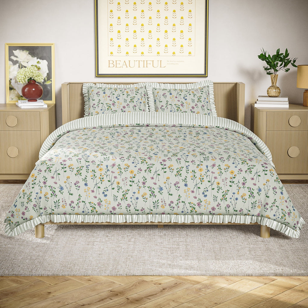 Fluffy Down Alternative 100% Cotton Botanical 3-Piece Sage Green Comforter Set, Full/Queen - All-Season Down Alternative Comforter Insert - Default Title