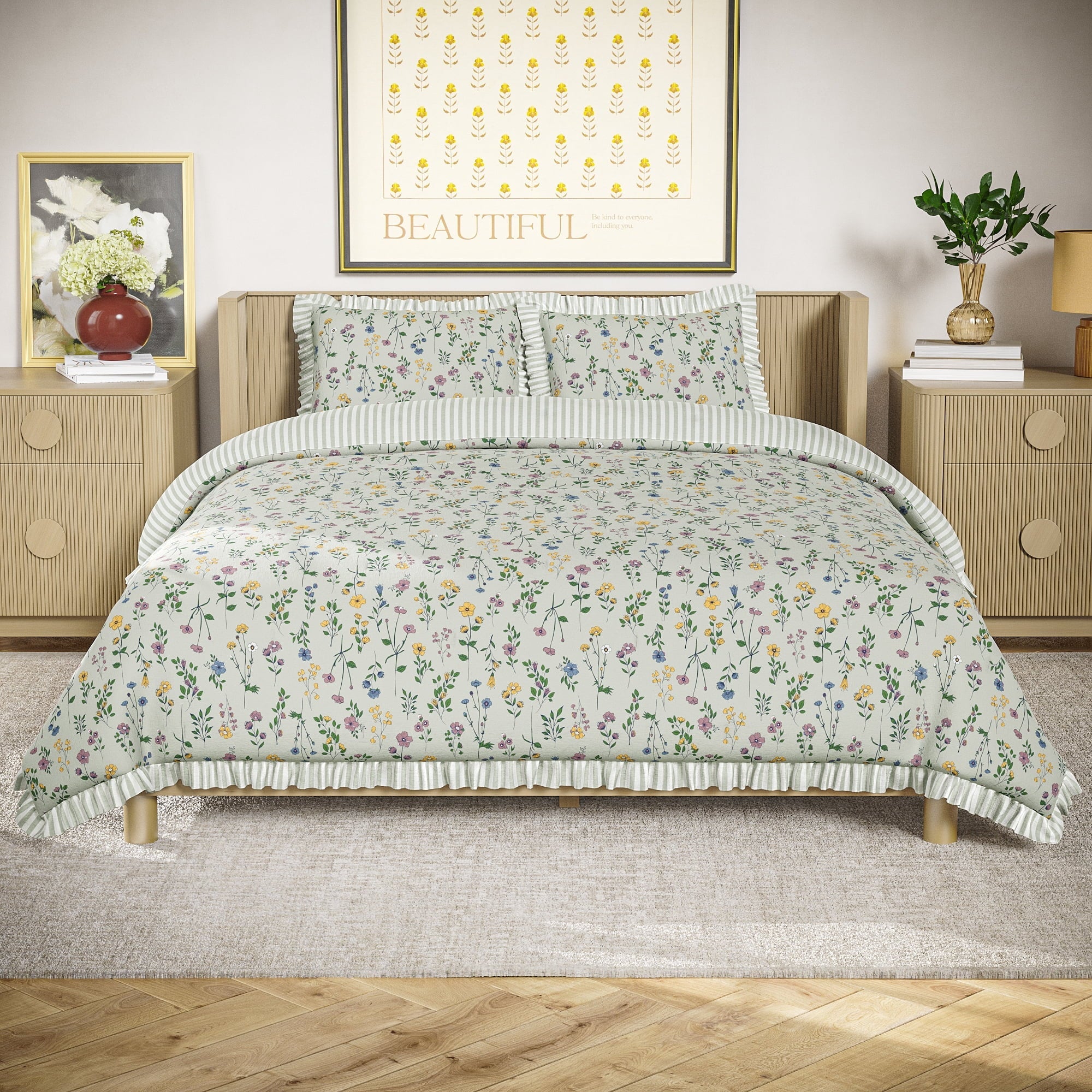 Fluffy Down Alternative 100% Cotton Botanical 3-Piece Sage Green Comforter Set, Full/Queen - All-Season Down Alternative Comforter Insert - Default Title