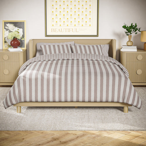 All-Season 100% Cotton Striped 3-Piece Natural Comforter Set, Full/Queen - All-Season Down Alternative Comforter Insert - Default Title