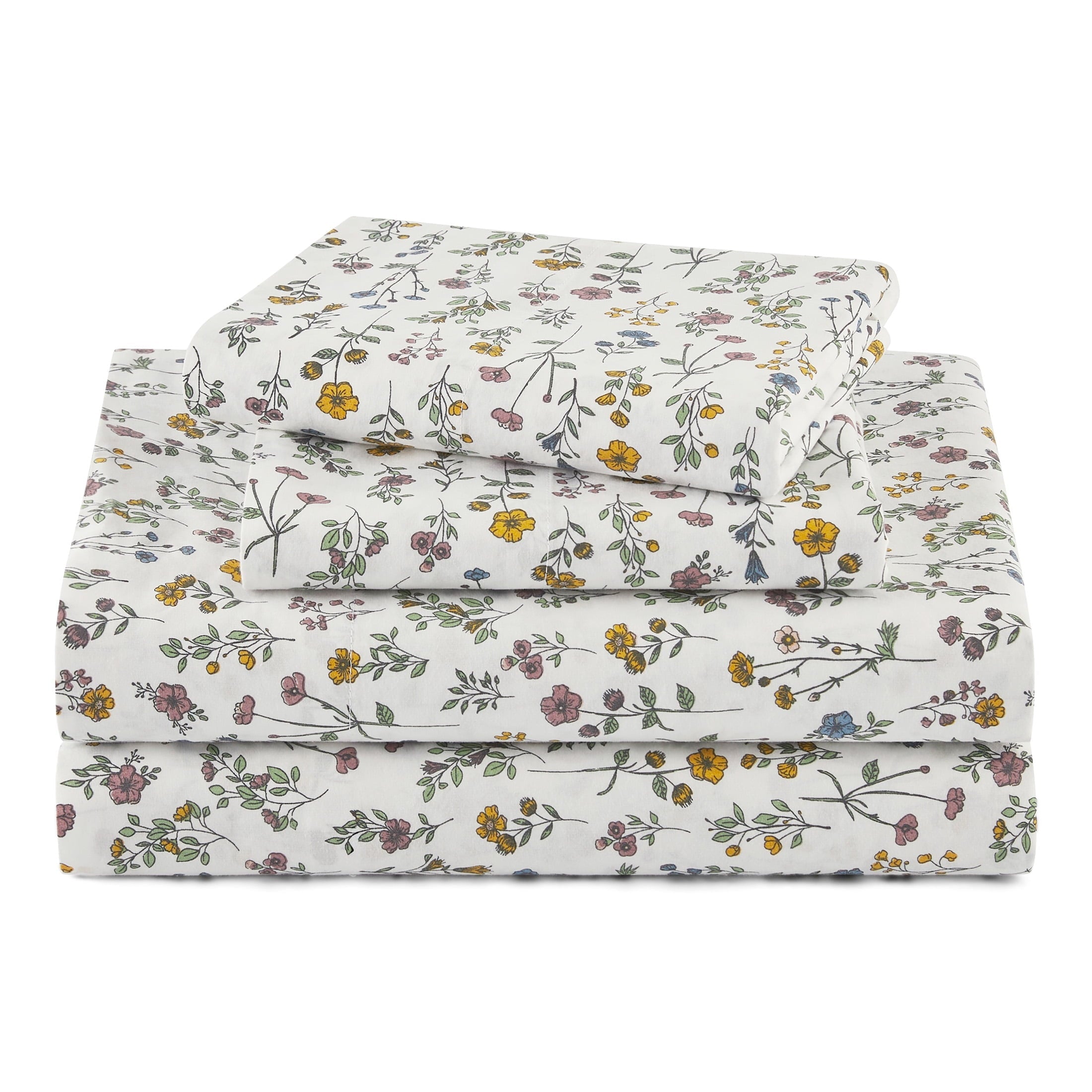 Wrinkle-Resistant Botanical 4-Piece 100% Cotton Washed Percale White Sheet Set, Queen - Premium Ultra-Soft Pillowcase Pair for Sleeping - Default Title
