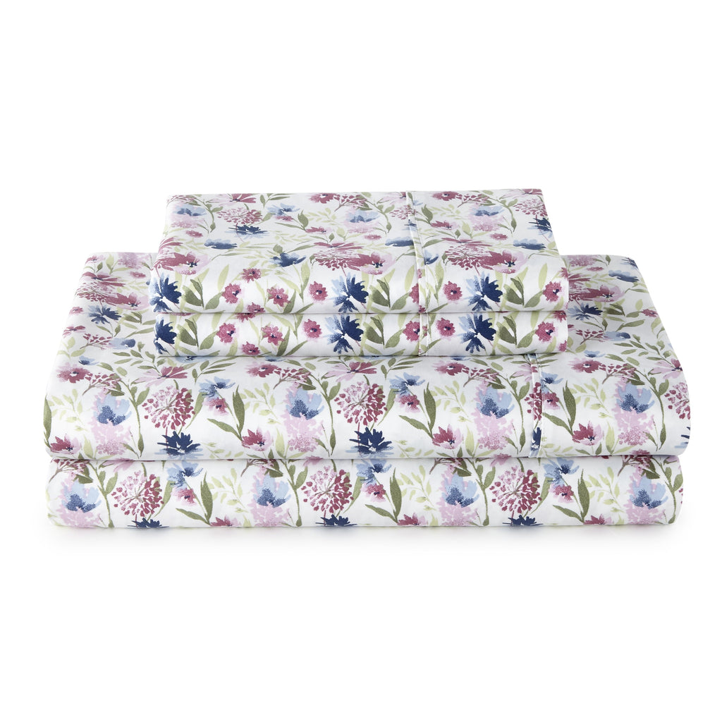 Premium Egyptian Cotton 4-Piece 300 Thread Count Bashful Blooms Cool Cotton Sateen Bed Sheet Set, Queen - Breathable Egyptian Cotton Flat & Fitted Sheets - Default Title