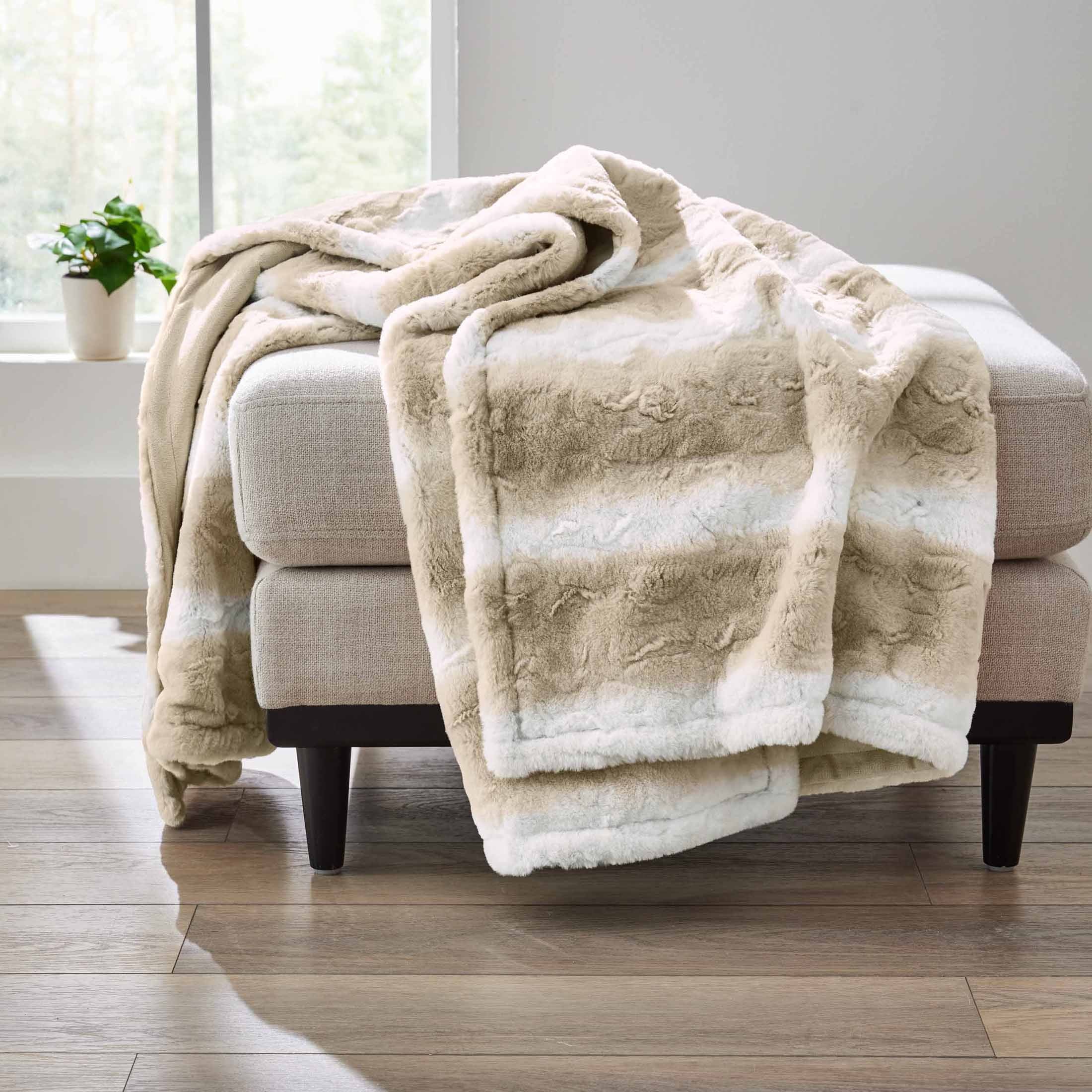 Reversible Sherpa Almond Biscuit Ombre Faux Fur Throw, 50"x72" - Cozy Fleece Throw Blanket for Couch & Bed - Default Title