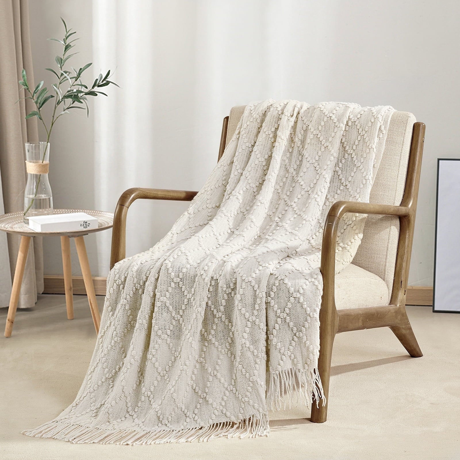 Super Soft Flannel Texture Pure Color Soft Throw Blanket and Sofa Or Bed Knitted Decorative Blanket 50 x70 inches Jacquard Diamond Beige... - Luxury Knitted Decorative Throw Blanket with Fringes - Default Title