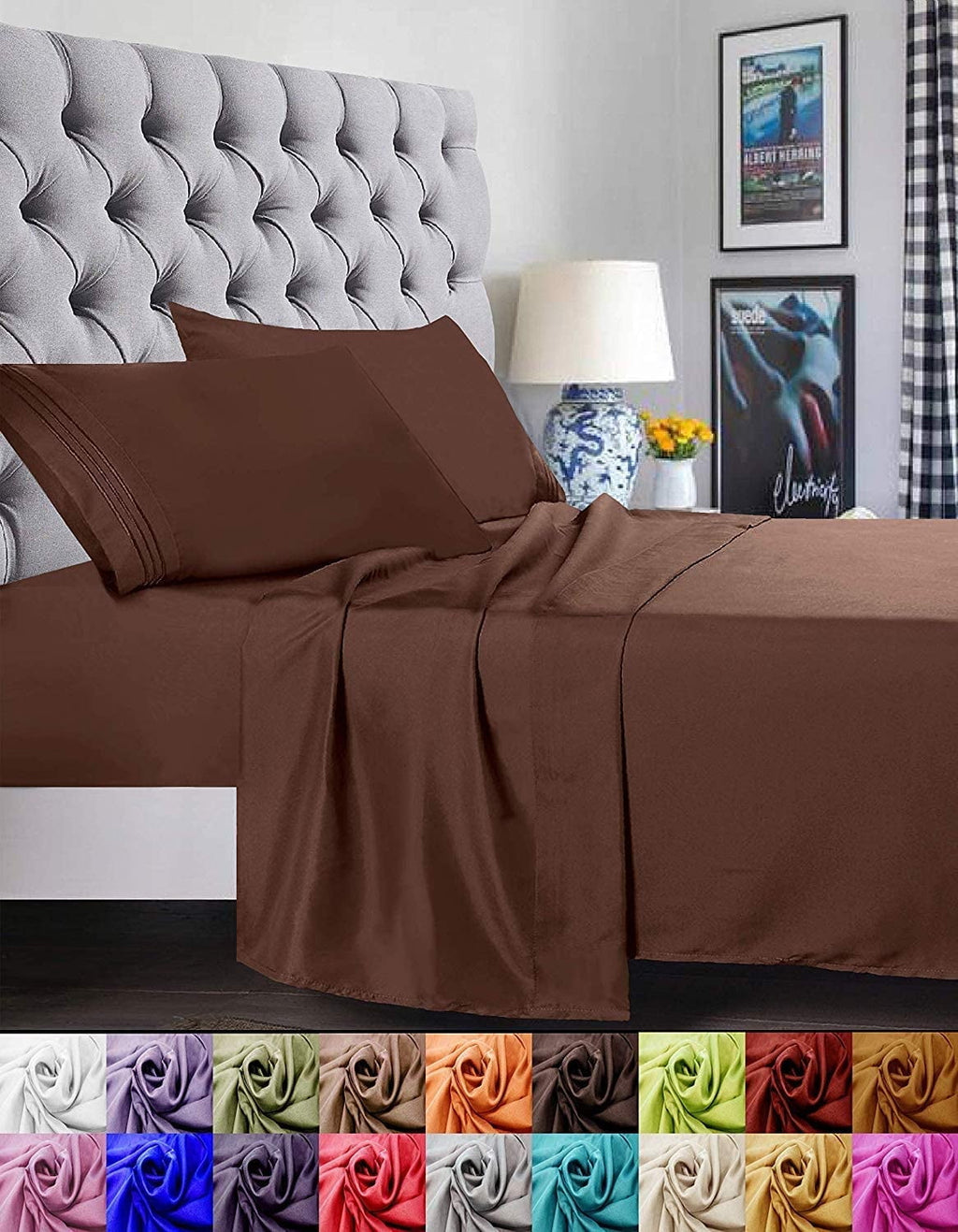 Wrinkle-Resistant 1500 Series Microfiber Bed Sheets 4-Piece Set, Deep Pocket, Twin/Twin XL Chocolate Brown - Premium Ultra-Soft Pillowcase Pair for Sleeping - Default Title