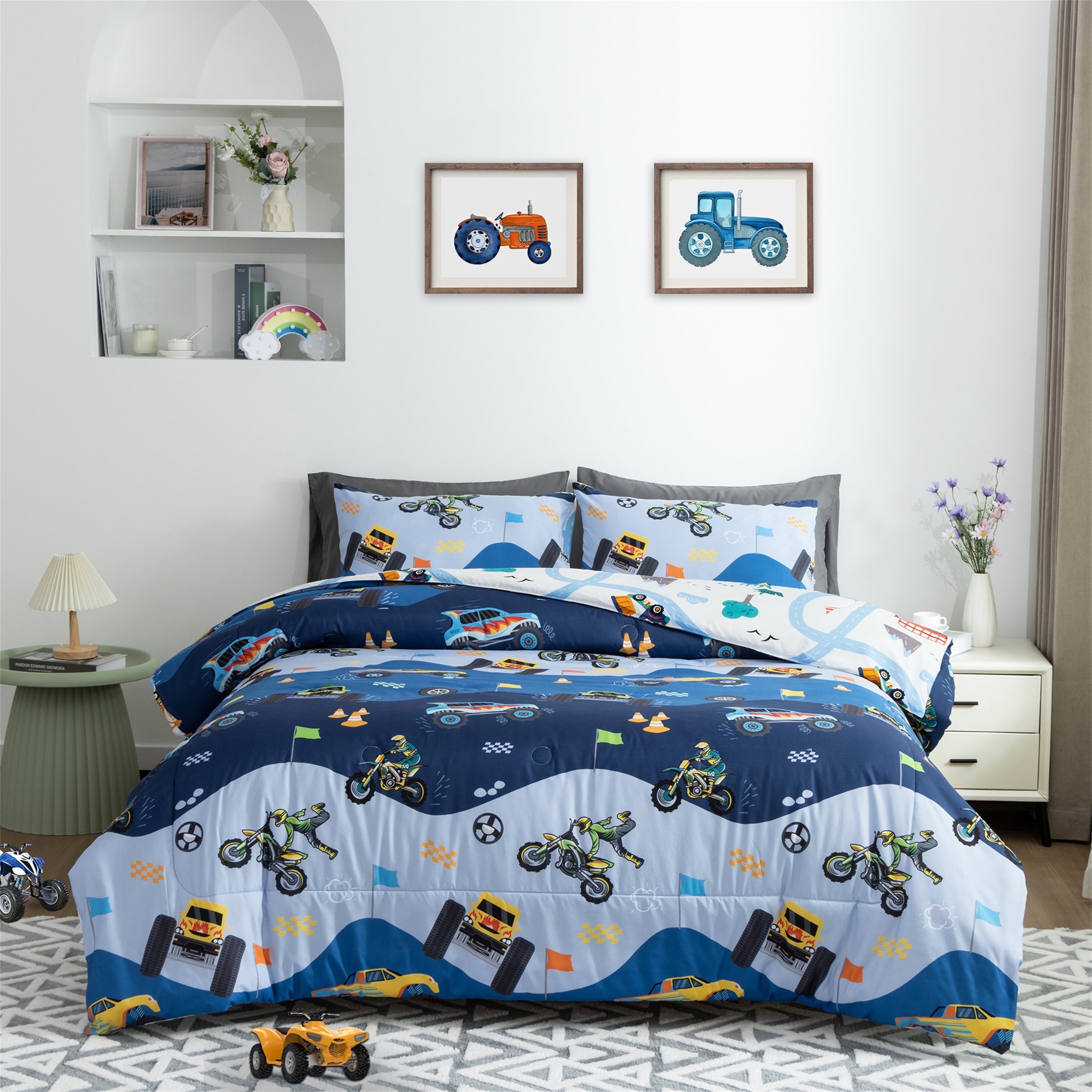 Heavyweight Warmth 3Pcs Reversible Construction Truck Twin Comforter Set for Boys Kids Excavator Vehicle Motorcycle Bedding Set Blue - All-Season Down Alternative Comforter Insert - Default Title
