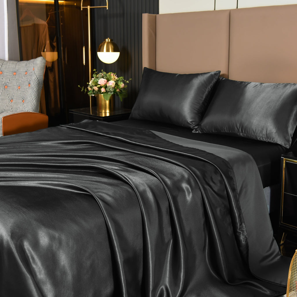 Premium Egyptian Cotton 4Pcs Black Satin Sheets Queen Set Silk Sheets 13" Deep Pocket Ultra Soft silky Bed Sheet Set - Breathable Egyptian Cotton Flat & Fitted Sheets - Default Title