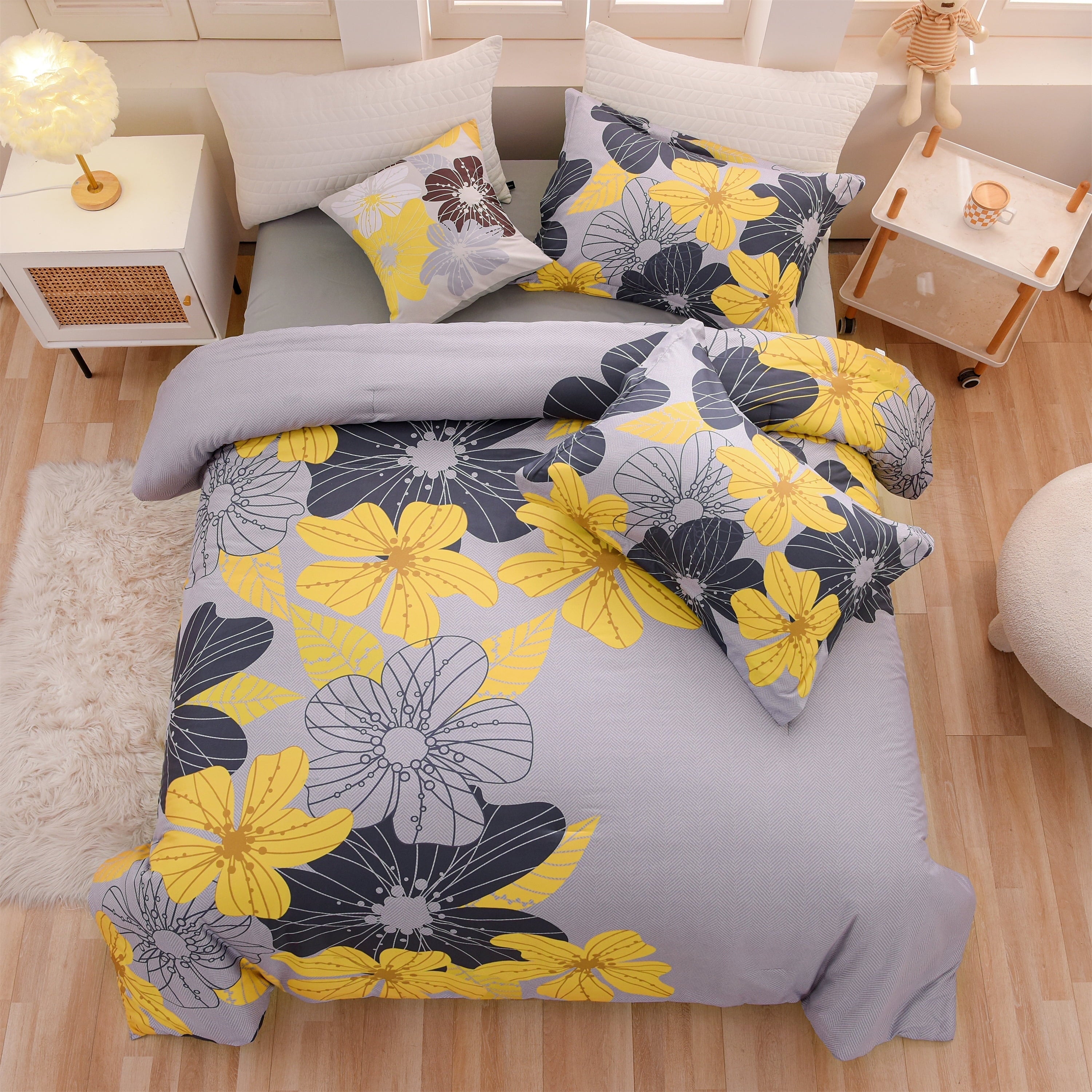 Fluffy Down Alternative Yellow Floral Comforter Set Queen Flower Bed Set Adult Soft Botanical Boho Bedding Set - Luxurious Quilted Duvet Cover Set - Default Title