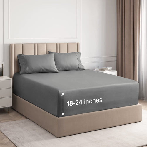 Cooling Sateen 4-Piece Extra Deep Pocket Sheet Set - Full Size Breathable & Cooling Bed Sheets Fits 18"-24" Mattresses, Gray - Cooling Hotel Quality Bedding Sheets and Pillowcases - Default Title
