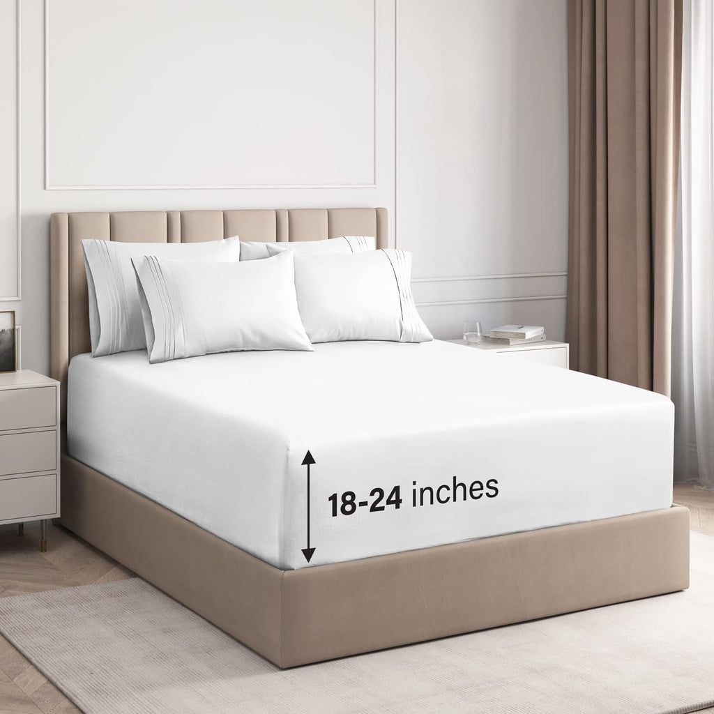 Cooling Sateen 6-Piece Extra Deep Pocket Sheet Set With Extra Matching Pillowcases - King Size Bed Sheets Fits 18"-24" Ma... - Cooling Hotel Quality Bedding Sheets and Pillowcases - Default Title