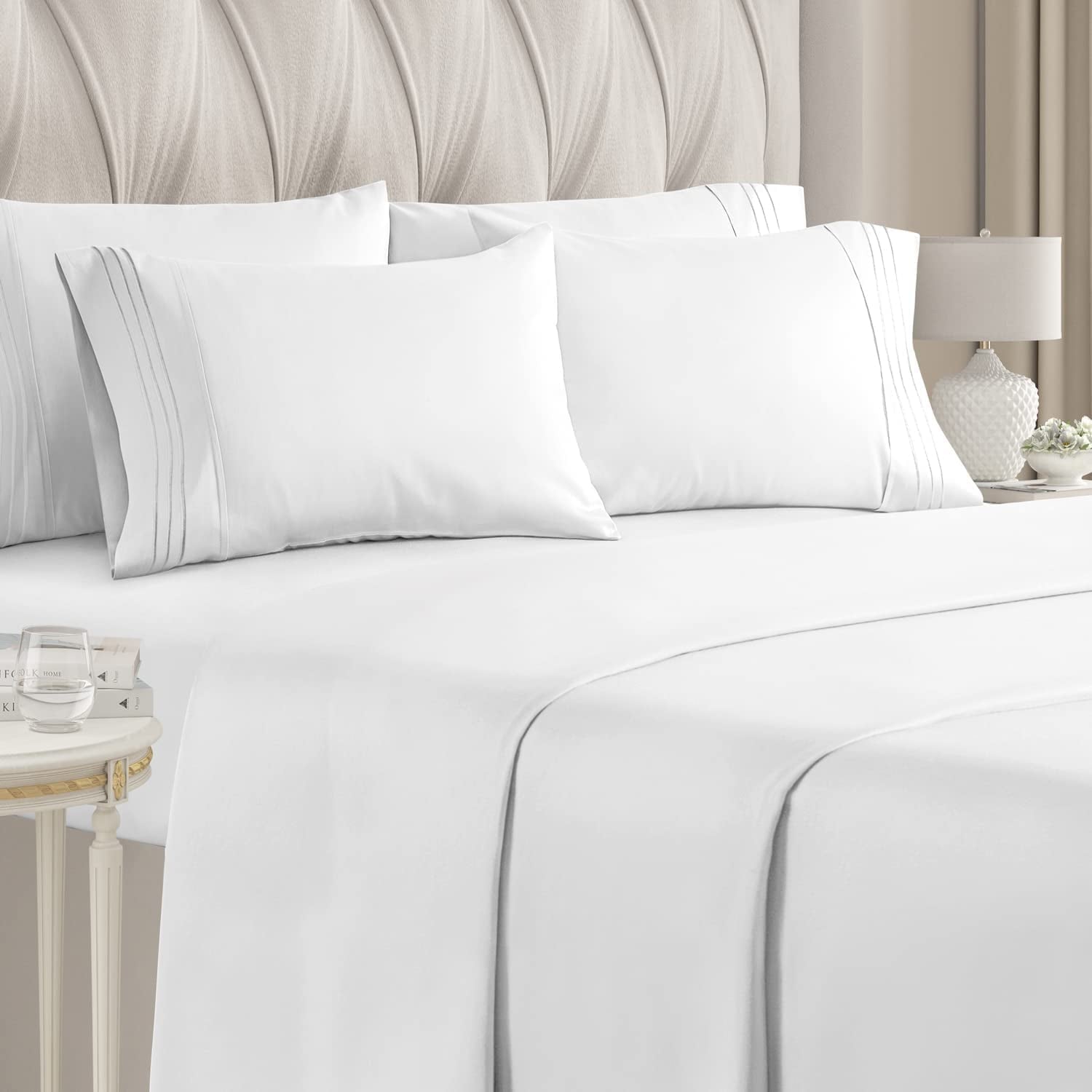 Cooling Sateen 6-Piece Breathable and Cooling Sheet Set With Extra Matching Pillowcases - King Size Bed Sheets Fits 8"-16... - Premium Ultra-Soft Pillowcase Pair for Sleeping - Default Title