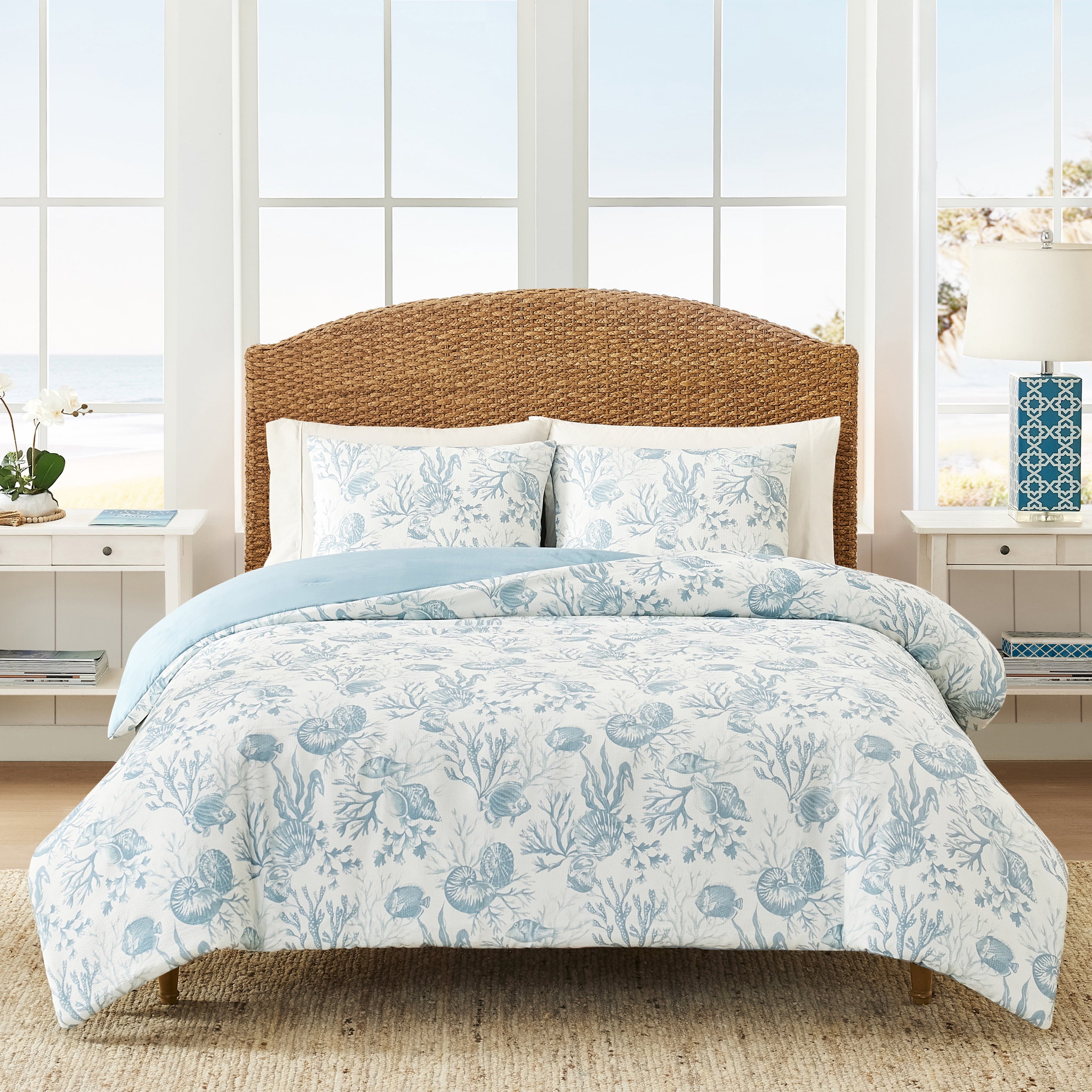Luxurious Quilted 3-Piece Lightweight 100% Cotton Blue & White Ocean Print Comforter Set, Full/Queen - Cloud-Like Soft Lightweight Bed Comforter - Default Title