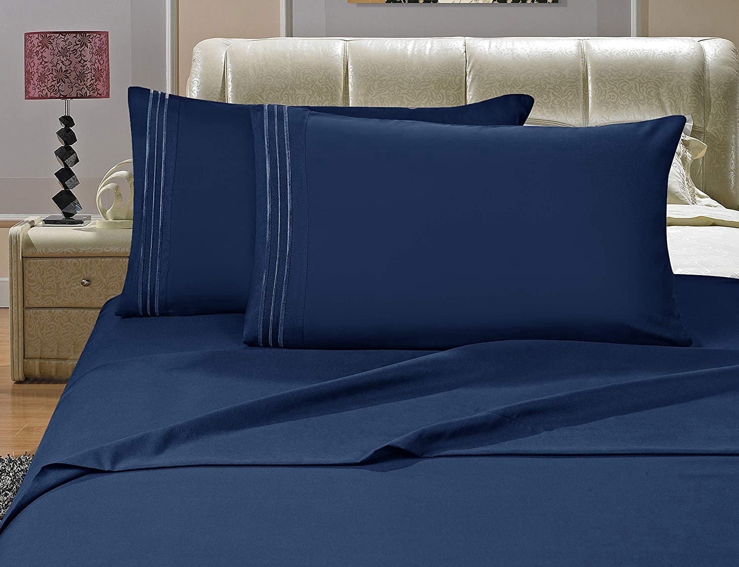 Ultra-Soft 4-Piece Microfiber Bed Sheet Set, Soft & Breathable, Wrinkle & Fade Resistant, Deep Pocket, Queen, Navy Blue - Breathable Egyptian Cotton Flat & Fitted Sheets - Default Title