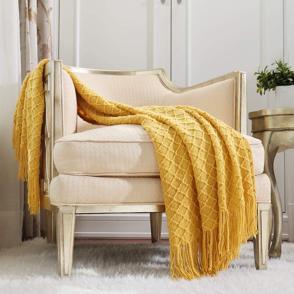 Lightweight Warm Decorative Soft Spring Summer Fall Throw Blanket ,for Couch Sofa Chair Bed,50''X60'',Mustard Yellow - Luxury Knitted Decorative Throw Blanket with Fringes - Default Title