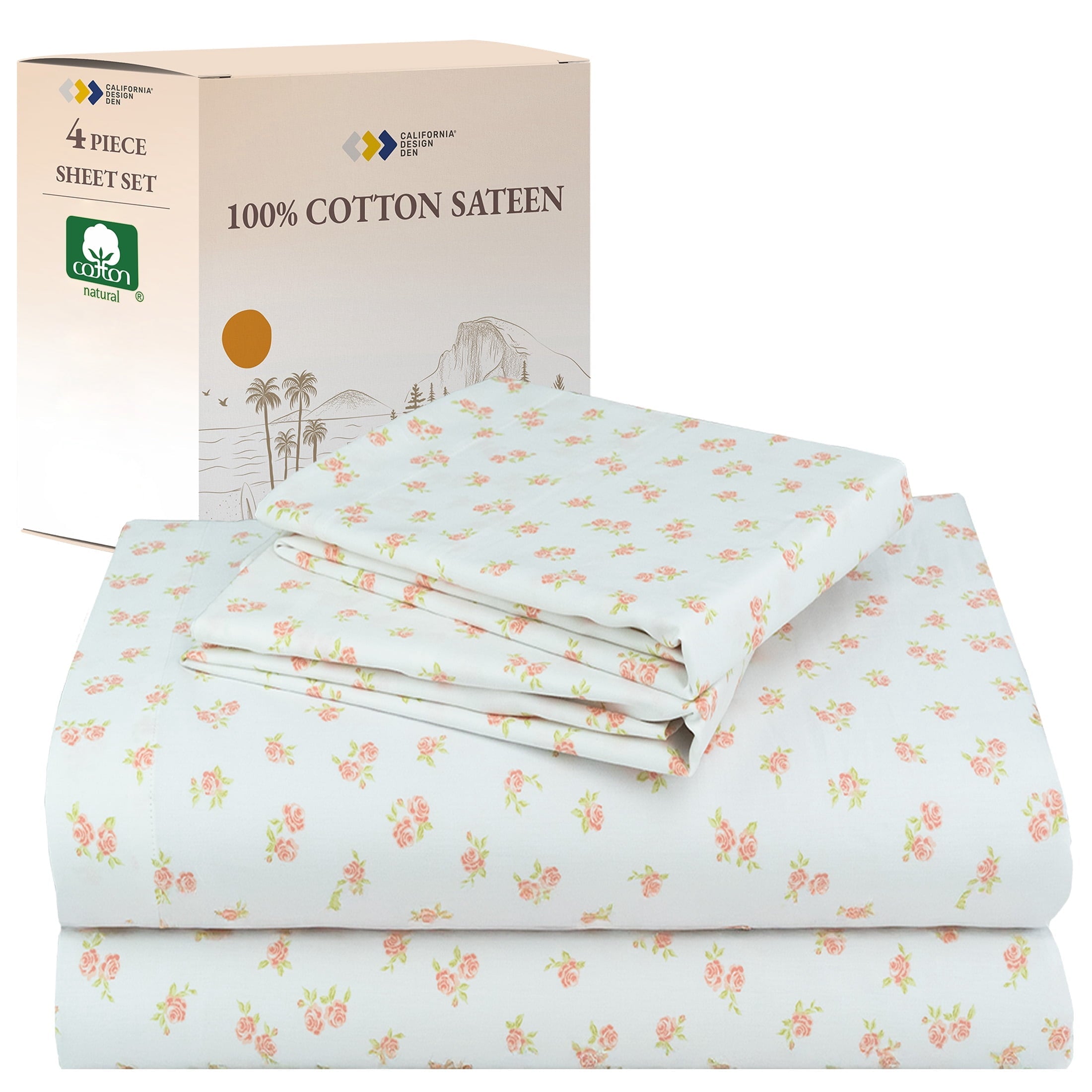 Cooling Sateen 4 Piece Printed Floral Bed Sheets Queen Size Set - 100% Cotton Sheets Queen, Soft Sateen Bedsheets, Deep Pocket Queen... - Luxury Bed Sheet Set with Deep Pockets - Default Title