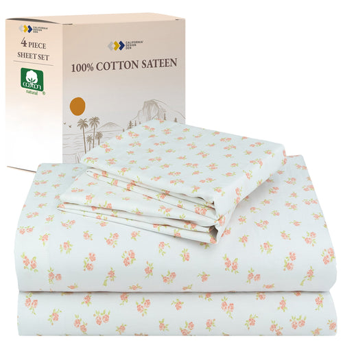 Cooling Sateen 4 Piece Printed Floral Bed Sheets Queen Size Set - 100% Cotton Sheets Queen, Soft Sateen Bedsheets, Deep Pocket Queen... - Luxury Bed Sheet Set with Deep Pockets - Default Title
