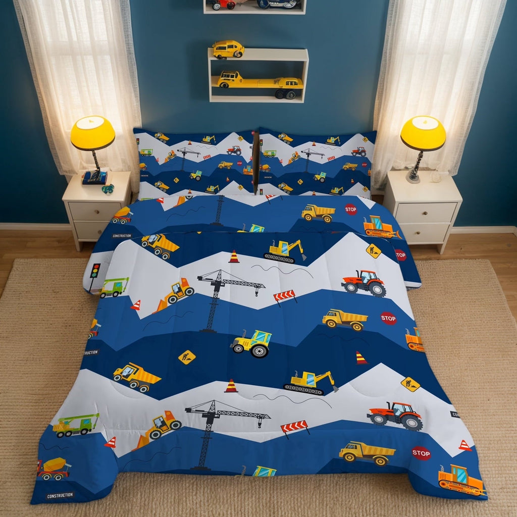 Luxurious Quilted Car Comforter Set Construction Bedding Set for Boys Kids Trucks Comforter Cartoon Car Excavator Tractor Blue 3Pcs Twin - Luxurious Quilted Duvet Cover Set - Default Title