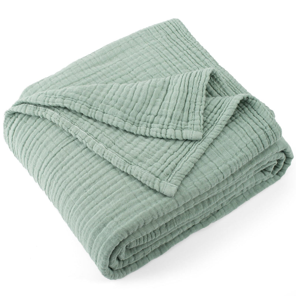 Reversible Sherpa 100% Cotton Muslin Throw Blanket Gauze Blankets for Adults Soft Throws for Bed and Couch, 50" x 70" Sage Green - Cozy Fleece Throw Blanket for Couch & Bed - Default Title