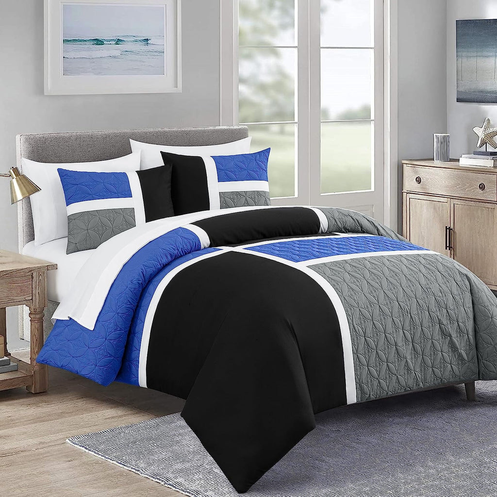 Luxurious Quilted Bernard 7-Piece Full Bed in a Bag Comforter Set with Sheets, Lightweight Comforter Blue Black Gray Patchwork Quilted ... - Cloud-Like Soft Lightweight Bed Comforter - Default Title