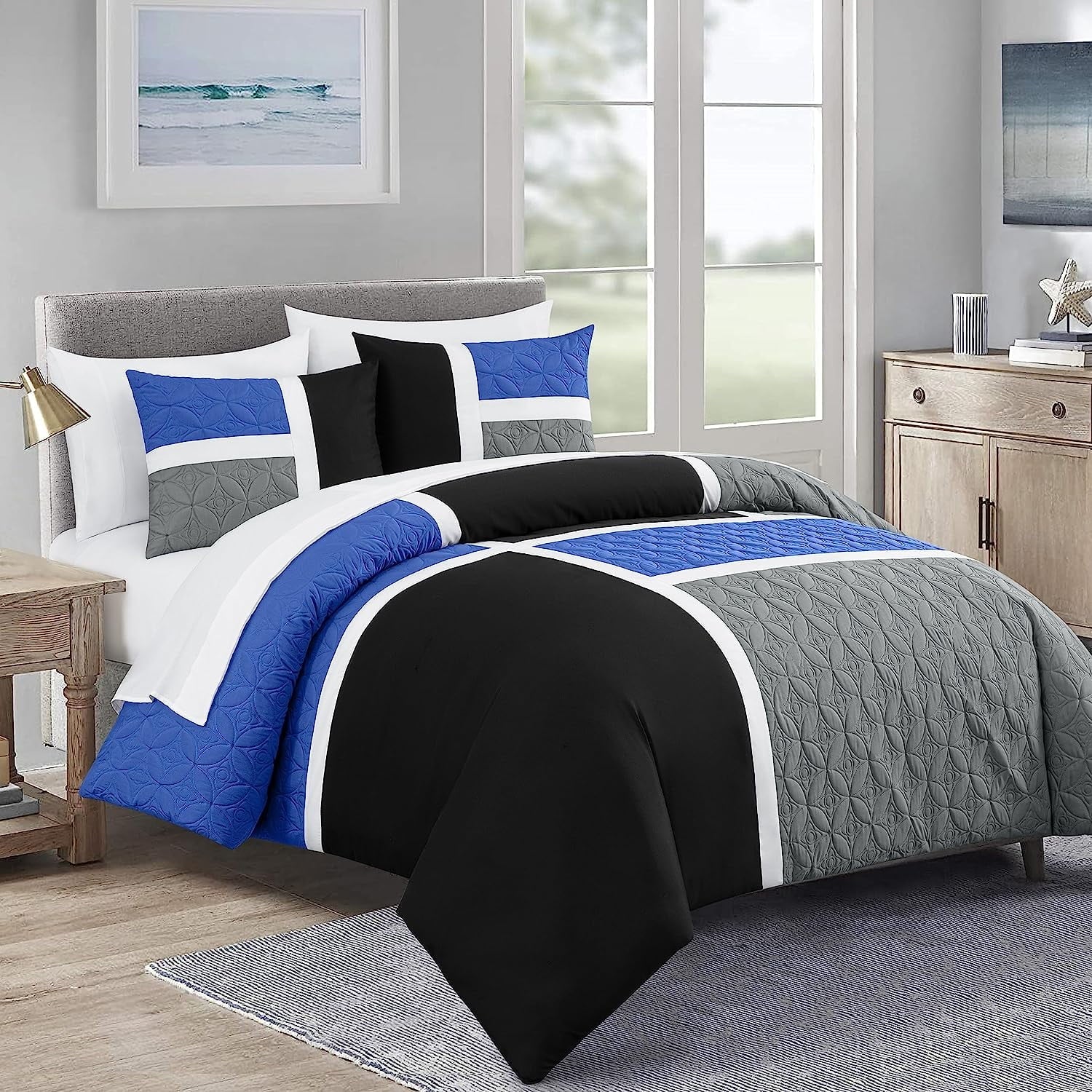 Luxurious Quilted Bernard 7-Piece Full Bed in a Bag Comforter Set with Sheets, Lightweight Comforter Blue Black Gray Patchwork Quilted ... - Cloud-Like Soft Lightweight Bed Comforter - Default Title