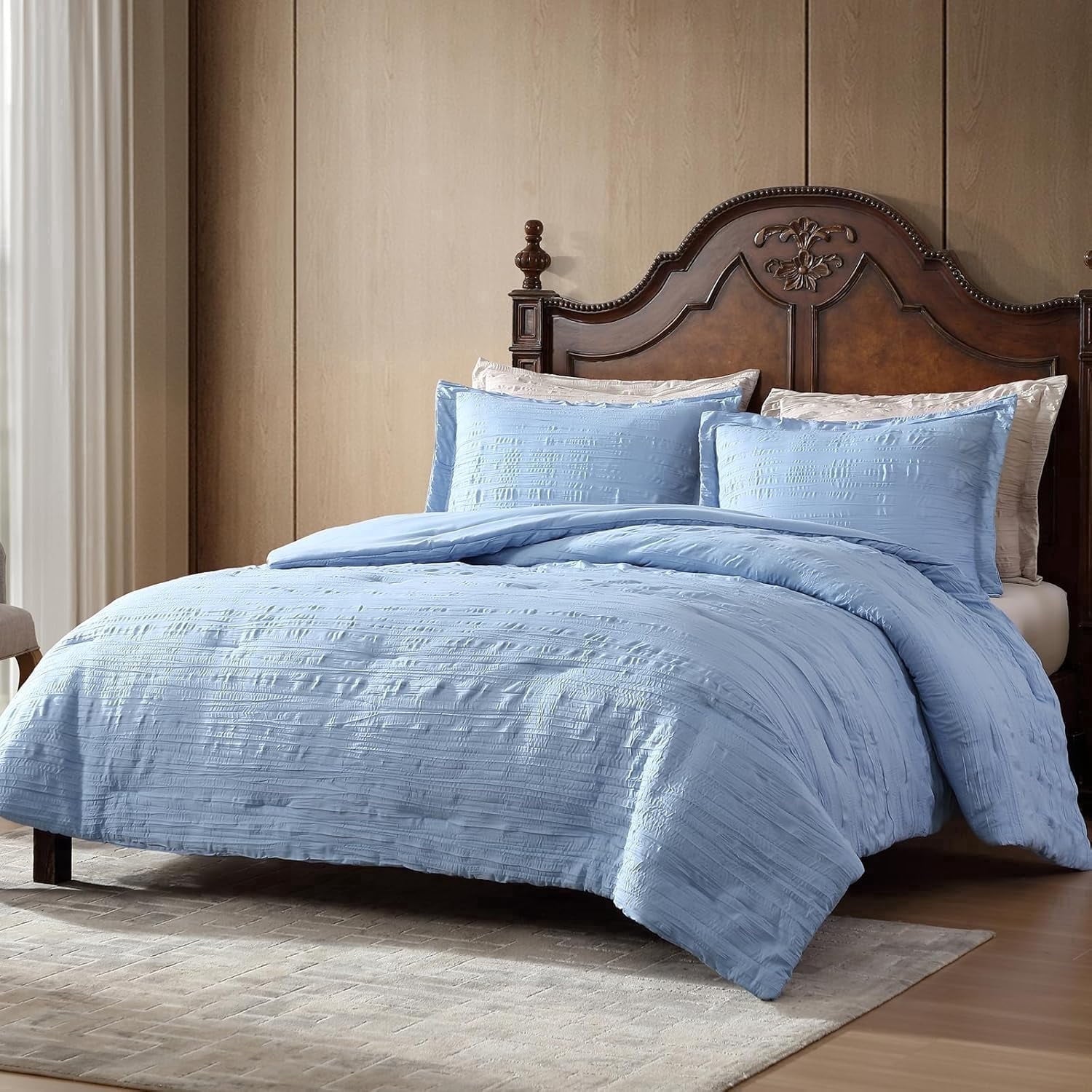 All-Season Queen Comforter Set Chambray Blue, 3 Pieces Comforter Set, All Season Lightweight Soft Embossed Bedding (86" x 88" Co... - Cloud-Like Soft Lightweight Bed Comforter - Default Title